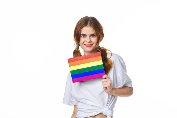 woman wearing white t-shirt lgbt flag inventor community - Photo, Image