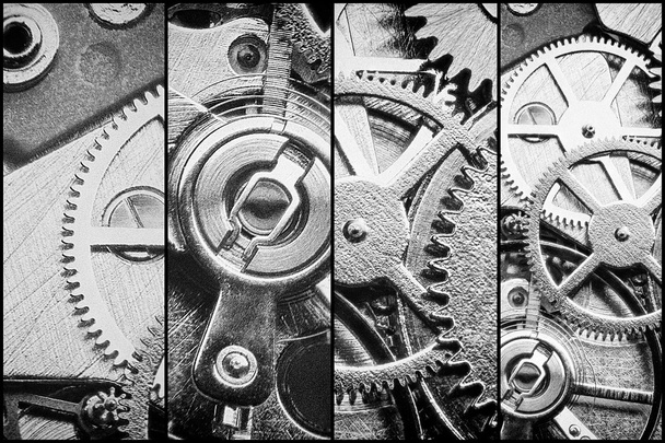 коллаж с часовым механизмом, шестернями и зубчатыми колесами в винтажном стиле
 - Фото, изображение
