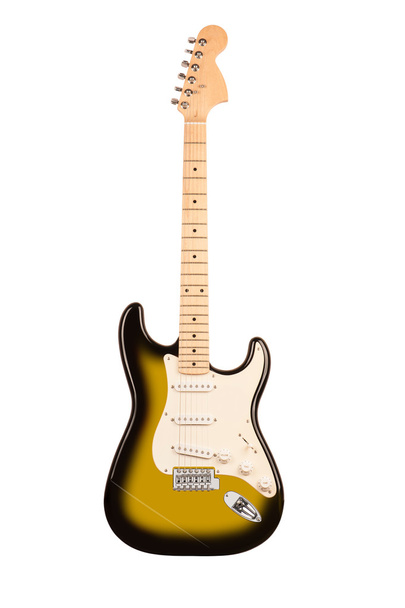 gele zes-snarige elektrische gitaar geïsoleerd op wit - Foto, afbeelding