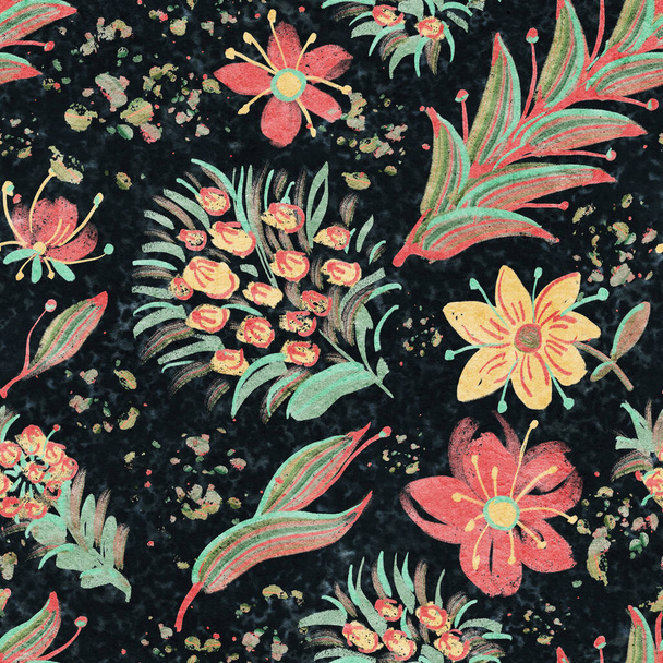 Seamless pattern with bright tropical flowers  for summer fabrics.  Acrylic painting.. Hand-drawn illustration.  - Foto, Imagen