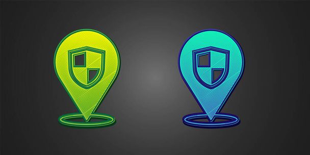 Green and blue Location shield icon isolated on black background. Insurance concept. Guard sign. Security, safety, protection, privacy concept.  Vector - Vector, afbeelding