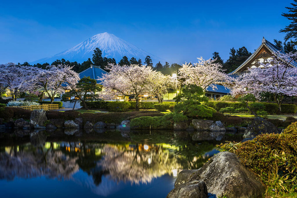 fujinomiya, shizuoka, japan mit mt. Fuji und Tempel im Frühling.  - Foto, Bild