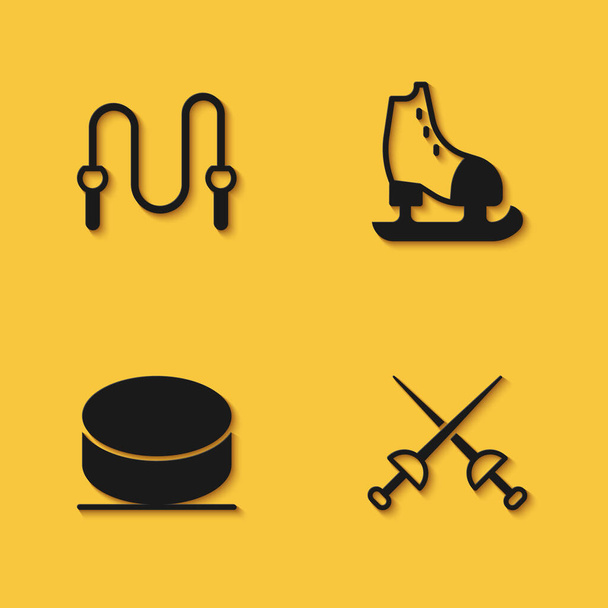 Set Cuerda de salto, esgrima, disco de hockey e icono de patines con sombra larga. Vector - Vector, Imagen