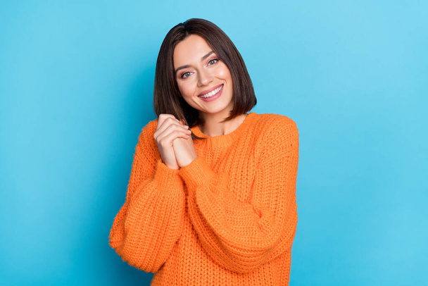 Portrait of attractive cheerful pleased girl waiting hope appreciate isolated over bright blue color background. - Foto, afbeelding