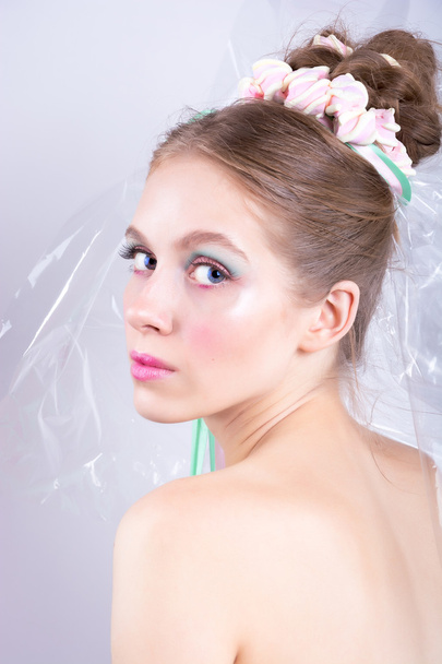 Young woman with marshmallow makeup style beauty fantasy. - Foto, imagen