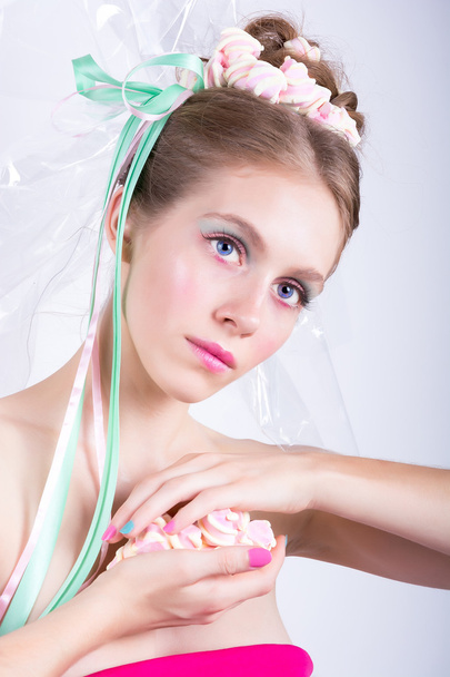 Girl with marshmallow, makeup style beauty fantasy. - Fotó, kép