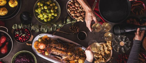 Top view of delicious roast duck served on festive Christmas table - Fotoğraf, Görsel