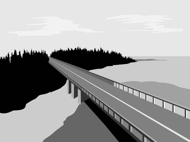 egy utat és egy folyón átívelő hidat ábrázoló ábra fekete-fehérben bannerek, plakátok és belső terek tervezéséhez - Vektor, kép