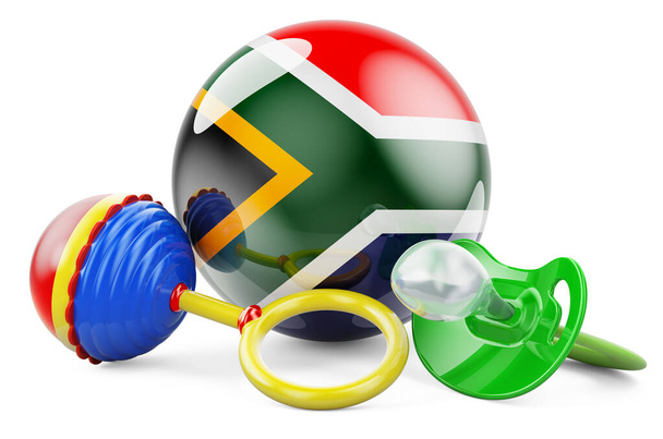 Syntyvyys ja vanhemmuus Etelä-Afrikassa käsite. Vauva tutti ja vauva helistin Etelä-Afrikan lippu, 3D renderöinti eristetty valkoisella taustalla - Valokuva, kuva