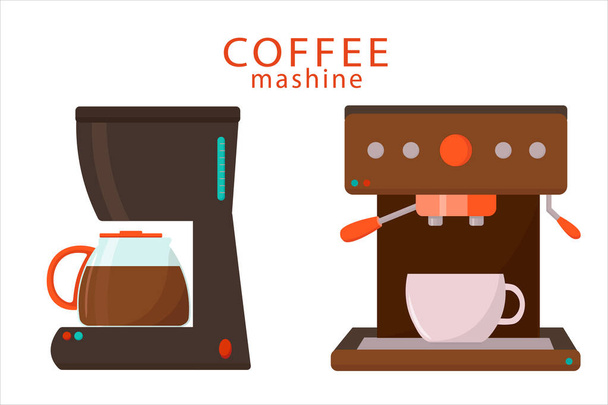 Coffee maker set. Vector flat illustration coffee mashine. Hand drawn design element for label and poster. - Vector, Image