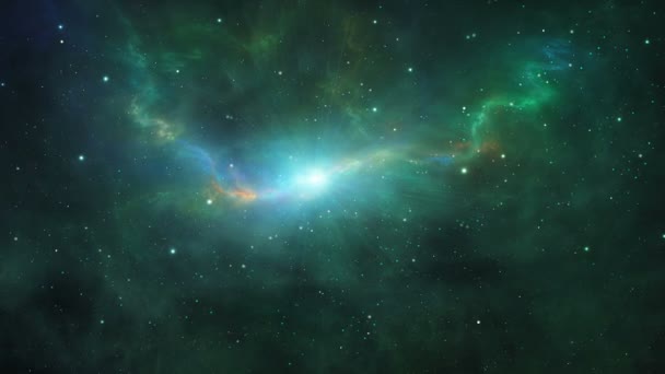 Uzay arkaplanı. Renkli fraktal nebulada ve yıldızlarda uçuyor. Dijital animasyon, 3 boyutlu canlandırma - Video, Çekim