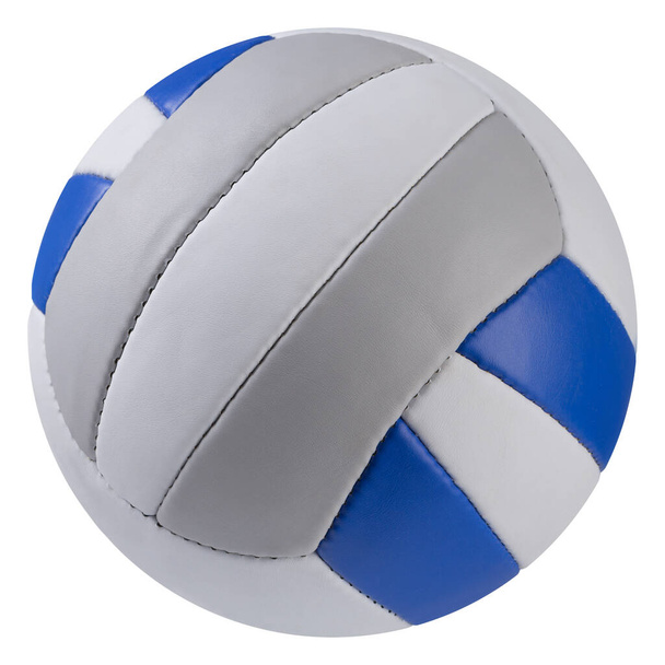 new volleyball ball with white, gray and blue stripes, on a white background, isolate - Photo, Image