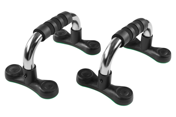 par de suportes metálicos para flexões do chão, sobre um fundo branco, isolado - Foto, Imagem