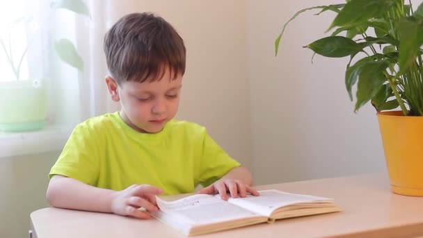 Der Junge liest am Tisch ein Buch. Kinderbücher. Extraschulische Lektüre. Hausaufgaben. Kindermärchen. - Filmmaterial, Video