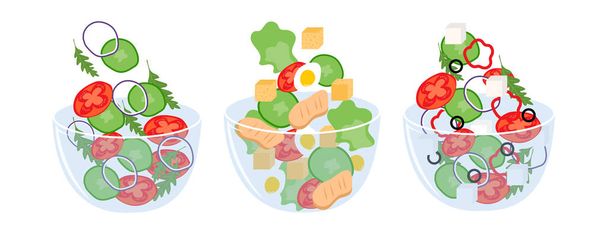 Conjunto de diferentes ensaladas: César, ensaladas griegas y vegetales. Ilustración vectorial plana. - Vector, imagen