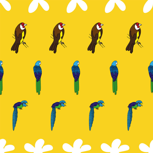 Vector Yellow Tropical Vögel mit Blumen nahtlose Hintergrundmuster - Vektor, Bild
