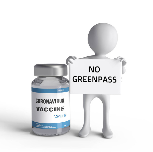 Ο ανθρωπάκος κρατάει την ταμπέλα χωρίς κείμενο του GreenPass κοντά στο εμβόλιο Covid-19, κενό φόντο. 3D απεικόνιση - Φωτογραφία, εικόνα