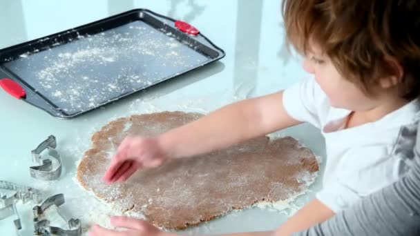 Anya és fia tésztát terítenek és mézeskalács sütit vágnak együtt a konyhában. - Felvétel, videó