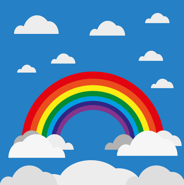 Arco-íris com nuvens num céu azul. Desenho infantil - Vetor, Imagem