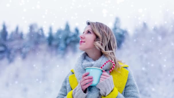 schönes Mädchen im grauen Mantel mit einer Tasse Heißgetränk in einem Schneewald. Weihnachten zum Valentinstag - Filmmaterial, Video