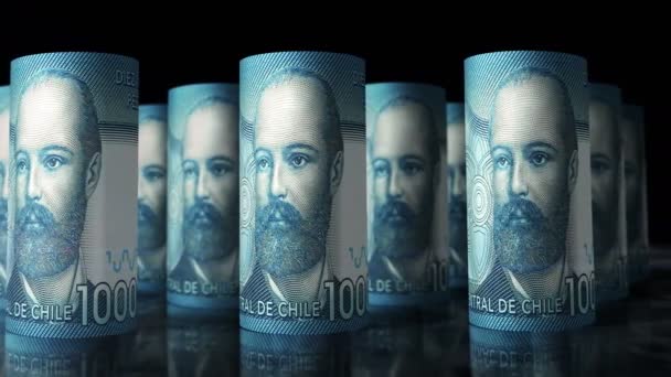 Chile Pesos money rolls loop 3d animation. Camera moving in front of the CLP rolling banknotes. Seamless loopable concept of economy, finance, business and debt. - Footage, Video