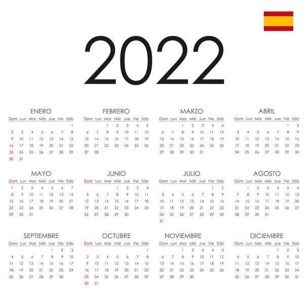 calendar for the new year 2022 in Spanish with flag. vector illustration isolated on white background - Vector, Image