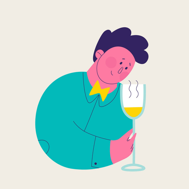 Egyetlen illusztráció egy sor fehérborkóstolóból. Aranyos férfi, aki a bor illatát fedezi fel. Vektor trendi elszigetelt illusztrációk tervezés. - Vektor, kép