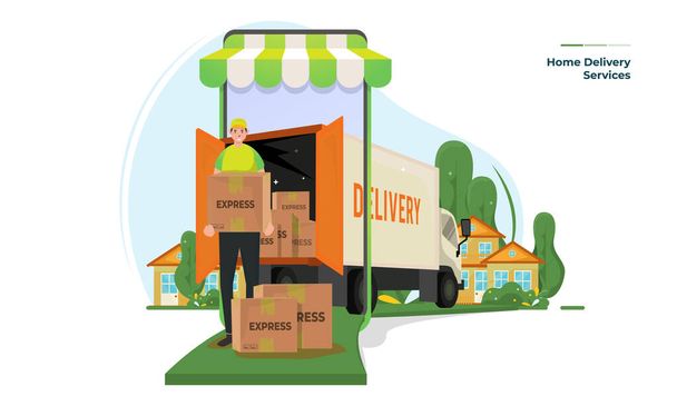 Online winkel home delivery diensten illustratie concept - Vector, afbeelding