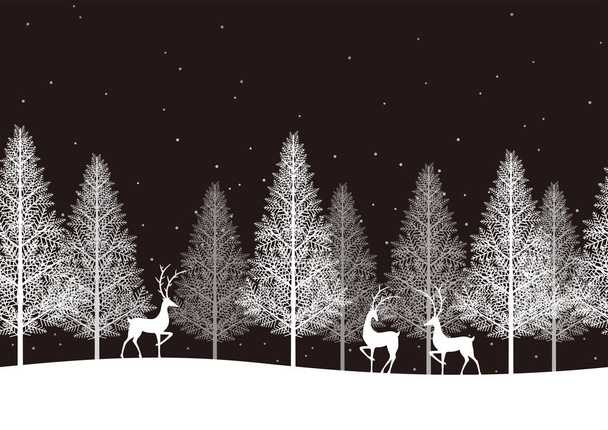 Bosque de invierno sin fisuras con renos aislados sobre un fondo negro. Navidad Vector Antecedentes Ilustración. Horizontalmente repetible. - Vector, imagen
