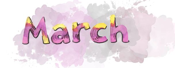 Multicolor Watercolor spring month lettering March on blot. Pink and yellow color - 写真・画像