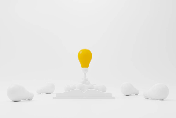 Creative thinking ideas and innovation concept. Rocket light bulb flying on group of another lightbulb and book. 3d render illustration - Photo, Image