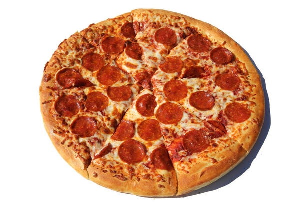 Pizza. A Pepperoni pizza isolated on white. Pepperoni and cheese pizza. Fresh Hot Pizza. Pizza Delivery. Pizza Dinner. Pizza Lunch. Pizza Snack. Pizza for Everyone. Tasty Pizza. cheese pizza. Pepperoni pizza. Mushroom pizza. Mozzarella and tomato.  - Photo, Image