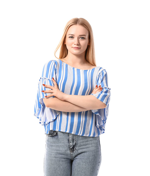 Young blonde woman in striped blouse on white background - Valokuva, kuva
