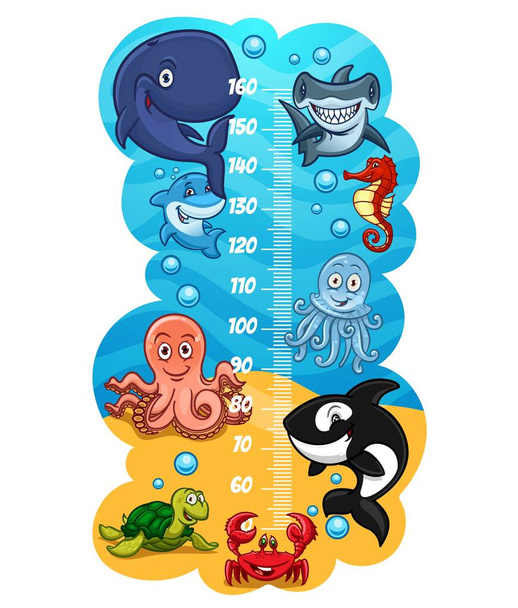 面白い海の動物、成長メーターや子供のスタジアムで子供の高さチャート。漫画かわいいウミガメ、タコ、クジラとカニ、クラゲやサメと定規ベクトルスケール壁ステッカーを測定 - ベクター画像