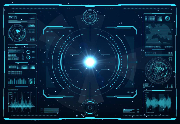 Bilimkurgu uzay oyununun HUD uzay gemisi veya mekik dijital ekran arayüzü, vektör ui veya gui 'si. Hedef kontrol paneli çerçevesi, menü ve bilgi çubukları, harita ve grafikleri olan hologram ekranı - Vektör, Görsel