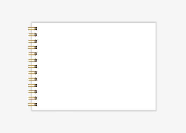 Cuaderno maqueta con espiral de oro. Plantilla de libro de notas en blanco con alambre. Hojas horizontales A4 con encuadernación en espiral de oro. Ilustración vectorial aislada en estilo realista sobre fondo claro - Vector, imagen