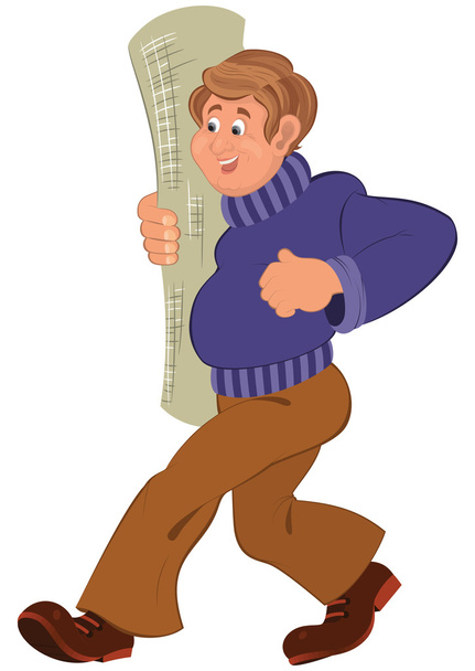Cartoon man in purple sweater walking smiling with carpet roll - ベクター画像