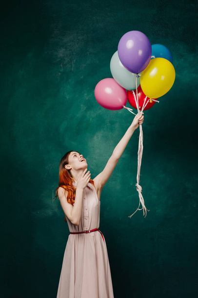 cheerful woman with colorful balloons birthday fun - Фото, изображение