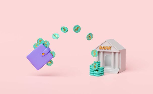bank or tax office building with purple wallet,dollar coins stacks isolated on pink background.saving money concept,3d illustration,3d render - Photo, Image