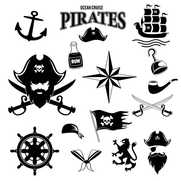 kalóz ikonok készlet (kard, koponya kendővel és csontok, horog, kalap, régi hajó, horgony, hordó, rum) - Vektor, kép