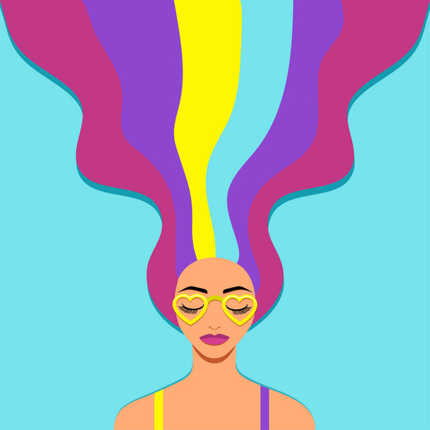 Дівчина з різнокольоровим волоссям лежить із закритими очима. плоска векторна ілюстрація
. - Вектор, зображення