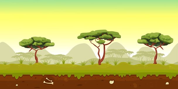 Параллакс лесной фантастический пейзаж с травой деревьев, небом, почвой без шрамов в стиле мультфильма. Тропическая теплая сцена. Фон игры Ui, горизонтальный. - Вектор,изображение