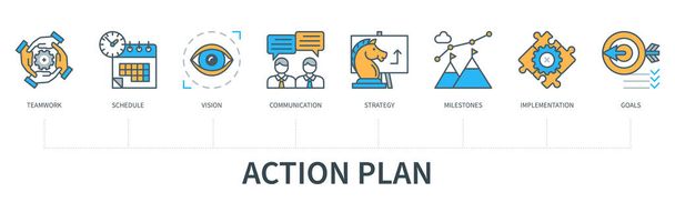 Concepto de plan de acción con iconos. Trabajo en equipo, horario, visión, comunicación, estrategia, hitos, implementación, metas. Infografía vectorial web en estilo de línea plana mínima - Vector, Imagen