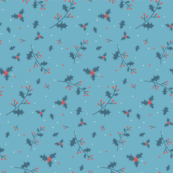 Seamless pattern with illustration flower christmas star. Hand drawn christmas berries and leaves on blue background. Template for a Merry Christmas greeting card - Вектор, зображення