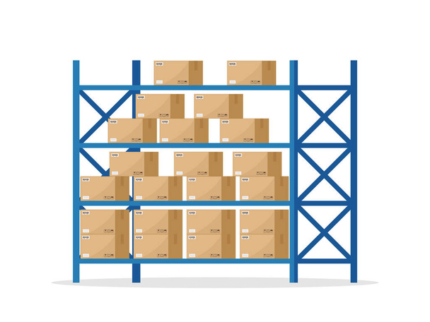 Warehouse inventory with rack and boxes. Shelf for storage of cargo. Stock of wholesale goods in warehouse of logistic. Icon of store, distribution. Merchandise on shelves of factory. Vector. - Vector, Image