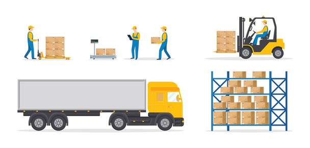 Warehouse of wholesale. Logistic, fulfilment order for distribution. Loader, cargo truck, forklift with driver, worker with cart, boxes on rack. Flat illustration for logistic, delivery center. Vector - Vector, Image