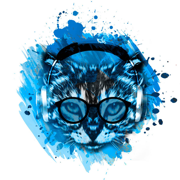 abstrakcyjny kolorowy kaganiec kota w okularach i słuchawkach izolowanych na białym tle z rozpryskami farby  - Zdjęcie, obraz