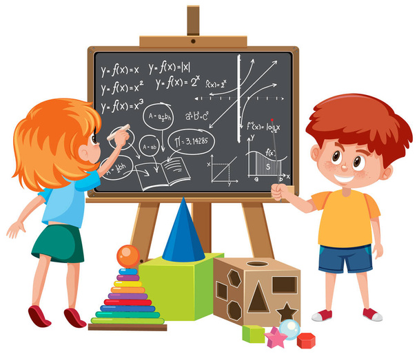 Crianças aprendendo matemática com símbolo de matemática e ilustração de ícone - Vetor, Imagem