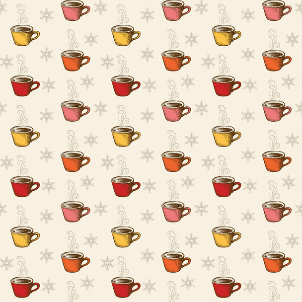 Abstrakte Illustration im Retro-Stil mit gelben, rosa, orangen, roten Tassen, Schneeflocken und heißer Schokoladendekoration auf pastellfarbenem Hintergrund - Foto, Bild