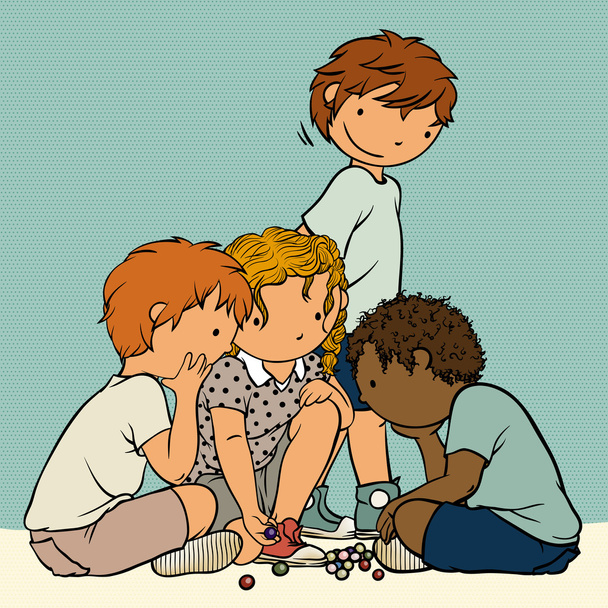Multiethnic Group of Kids Playing Marbles - Traditional Childhood Games. - Vector, Image